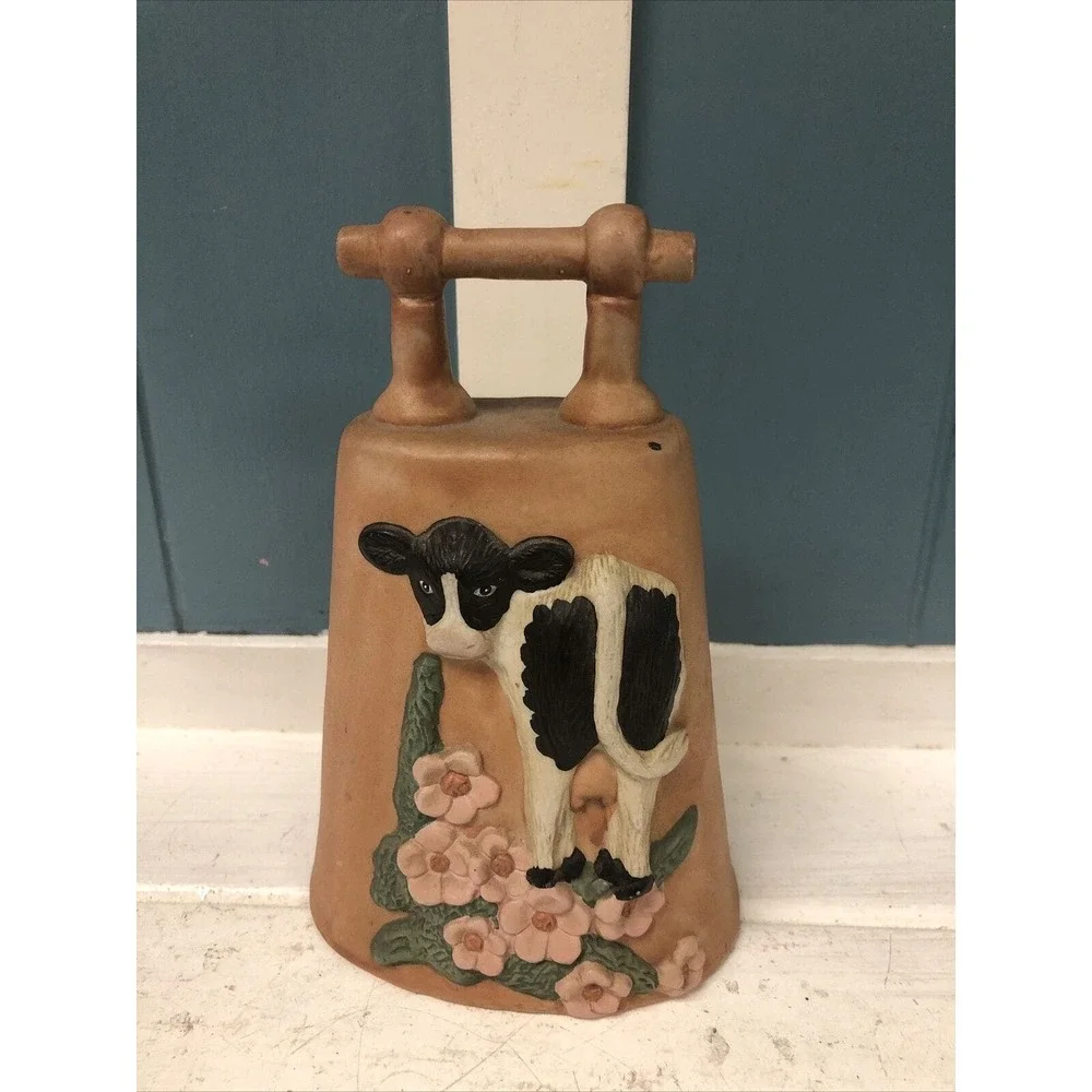 Vintage 3D COW‎ In Floral Pasture Pottery 7” Bell Wind Chime Hand Painted